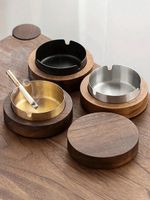Wooden Ashtray With Lid Stainless Steel Liner Windproof Tabletop CigarettesTray.