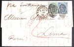 1878 SG118 2s BLUE & 1s GREEN 3/- RATE FINE COVER LIVERPOOL TO LIMA PERU SCARCE