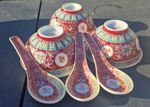 3 VTG Chinese Mun Shou Rose Pink Longevity Rice Bowls & Matching Spoons 