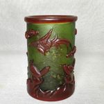 5" Chinese Colored Glaze Carved Exquisite Plum Blossom Magpie Statue Brush Pot