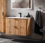 Bathroom Vanity Sink Basin 600mm Ribbed Fluted Oak Effect Modern Wall Hung Adel
