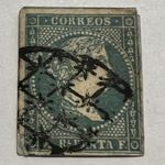EARLY SPAIN IMPERF STAMP QUEEN WITH WEBBED OVAL SON SOTN BULLSEYE CANCEL