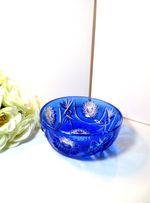 Vintage Cobalt Blue Cut to Clear Crystal Bowl Bohemian Style Pinwheel Star 8"