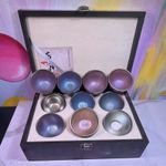 Japanese Iridescent Glaze Tea Cups Set of 6 w/ Wooden Box Purple Blue Silver