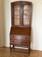 Antique Oak Bureau Bookcase Writing Desk Leaded Glass Cabinet C1940s