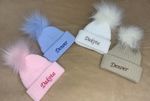 Personalised Newborn Baby Hat with Faux Pom Pom | Unisex Baby Shower Keepsake