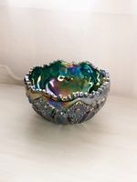 Vintage LE Smith Large Teal Green Iridescent Glass Quintec Bowl Carnival Glass