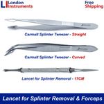 Carmalt Splinter Forceps Tweezers Straight Curved & Lancet Splinter Removal KIT