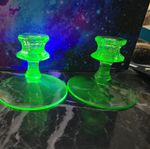 Uranium Glass Vintage Set of 2 Green Depression Glass Candle Holders