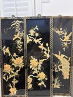Vintage Chinese Wall Panels Black Lacquer with Mother of Pearl Inlay X 3