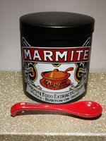 Collectable Marmite Ceramic Lidded Storage Jar Container Black And Ceramic Spoon