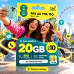 1 x EE PAYG SIM Card 4G 5G 20GB Data 500 Mins Unlimited Texts £10 Pack -3in1 SIM