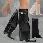 WOMENS LADIES ZIP UP FOLD OVER BLOCK HEEL POINTED TOE KNEE HIGH BOOTS SHOES SIZE