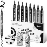 Arrtx Black Acrylic Paint Pens - 8 Pack Brush Tip and Fine Tip (Dual Tip) Black