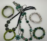 Boho Green Jewelry Job Lot - Mosaic Enamel Bracelet, Chunky Stone & Necklaces