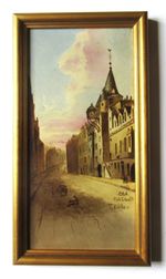 Antique hand painted framed tile, c1880, Edinburgh, Old Tolbooth