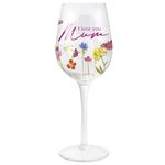 Wine Glass With "I Love You Mum" Text And A Floral And Butterfly Design. Individ