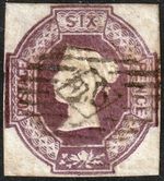 1854 SG60 6d PURPLE EMBOSSED CUT SQUARE 4 CLEAR MARGINS FINE USED
