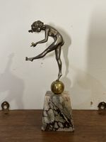 Very Nice Small Art Deco Silvered Bronze Lady Figure On Marble Base