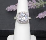 Signed LS Deco Style Silver Tone & Clear Rhinestone Halo Ring Size 5