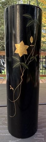 Vintage Japanese Wajima Black Lacquer Gold Gilt Flower Green Floral Vase 10”X3”
