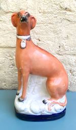 Antique Staffordshire Pottery Seated Whippet, c 1880