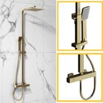 Brushed Brass Square Thermostatic Bar Complete Mixer Shower Adjustable Overhead