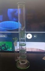 Clear & Green Glass Water Pipe with Percolators, Billiard Shape Pipe