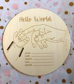 Wooden Personalised "Hello World" Baby Announcement Sign Disc Plaque