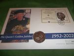 The Queen's  Golden Jubilee Isle of Man  cover and Gibralter Crown coin