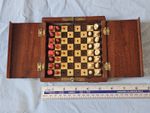 Antique c1900 SMALL 5.5" Pocket Size FOLDING TRAVEL CHESS SET Train Whittington