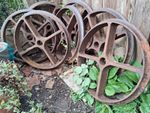 Lot of 5 Cast Iron Industrial Spoked Wheels/Pulleys Rustic Garden Display