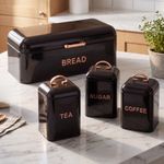 4 Piece Black Bread Bin Canister Set Tea Coffee Sugar Rose Gold Tone