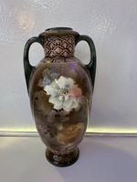 Antique Twin Handle Amphora Vase Brown Glaze Hand Painted Roses Victorian 20cm