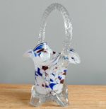 Mid Century Abstract Studio Art Spatter Glass Basket Clear White Blue & Red