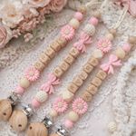 Personalised Baby Dummy Clip – Silicone & Wooden Beads – Pink Daisy Bow Design