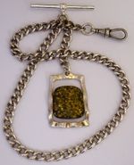 Antique solid silver pocket watch albert chain & silver fob set with green stone