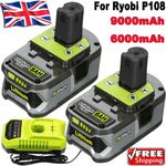 2x For Ryobi One Plus 18V 9Ah 6Ah Battery P108 RB18l13 RB18l50 RB18L40 /Charger