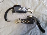 Vintage 1990s Western Cowboy Spurs Blued Steel Silver Diamond Pattern & Straps
