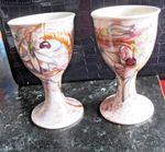 TWO VINTAGE COBRIDGE POTTERY  GOBLETS  - BLUE BACKGROUND BACKSTAMPED - 6.5" HIGH