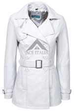 Ladies White Napa Classic Trench Mid Length Designer Leather Jacket Coat 1123 