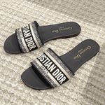 Women's Slippers D* Embroidered Leather Mules Summer Grey/Gold  Fashion New