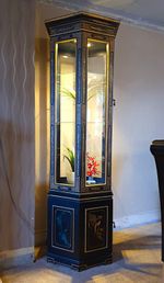 Hexagonal Black Lacquer Display Cabinet — Illuminated — Chinoiserie Hand Painted