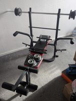 BARELY USED HOMCOM Adjustable Bench Barbell Rack With Barbell Dumbbells Weights