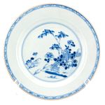 Chinese Qianlong Porcelain Plate Blue White Diaper Border Qing Period 18C