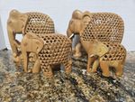 Set Of 4 Vintage Kadam carved Lattice Jail Wooden Elephants With Baby Inside 