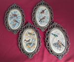 Set Of Four Vintage U Selis Italian Bird Silks Bullfinch Chaffinch Bluethroat