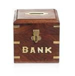 Wooden Money Box with Lock and Brass Inlay Wood Piggy Bank for Saving Money
