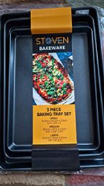 Stoven 3pc Non-Stick Black Rectangular Metal Baking Tray Set for Gas/Electric