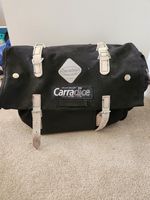 Carradice Bike Pannier - black  canvas with white straps.